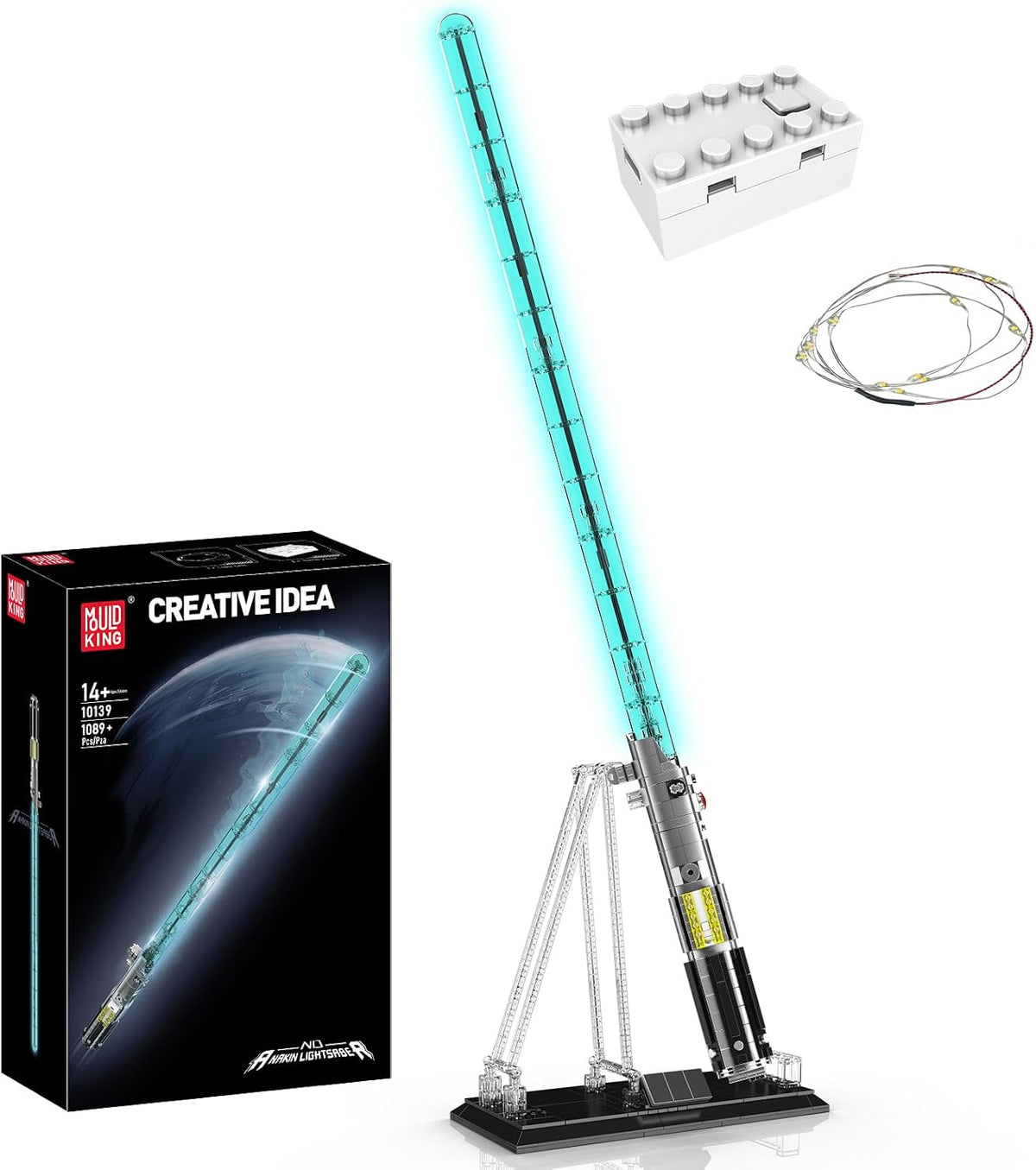 Brick-built light sword with glowing LED blade on a holder rack – view 2