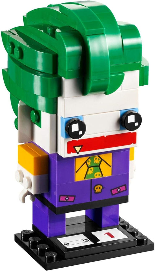 Square-head brick figure of a green-haired villain in a purple suit on a small baseplate