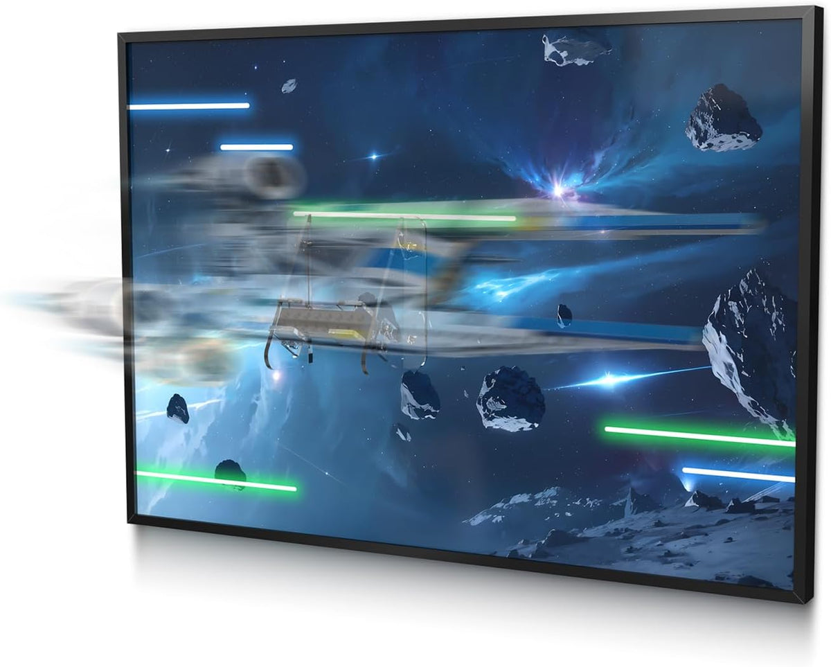 Acrylic wall frame with asteroid field backdrop holding a gray space fighter model