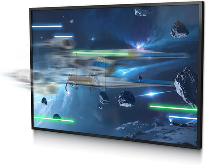Acrylic wall frame with asteroid field backdrop holding a gray space fighter model