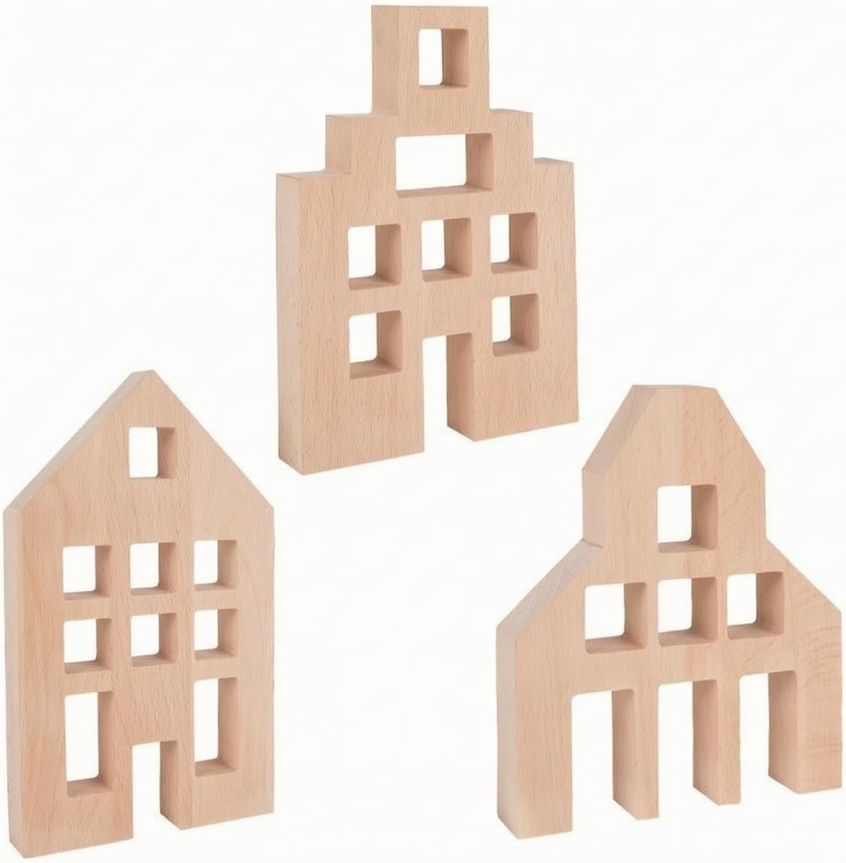 Solid beech wood building blocks stacked into a small structure – view 2