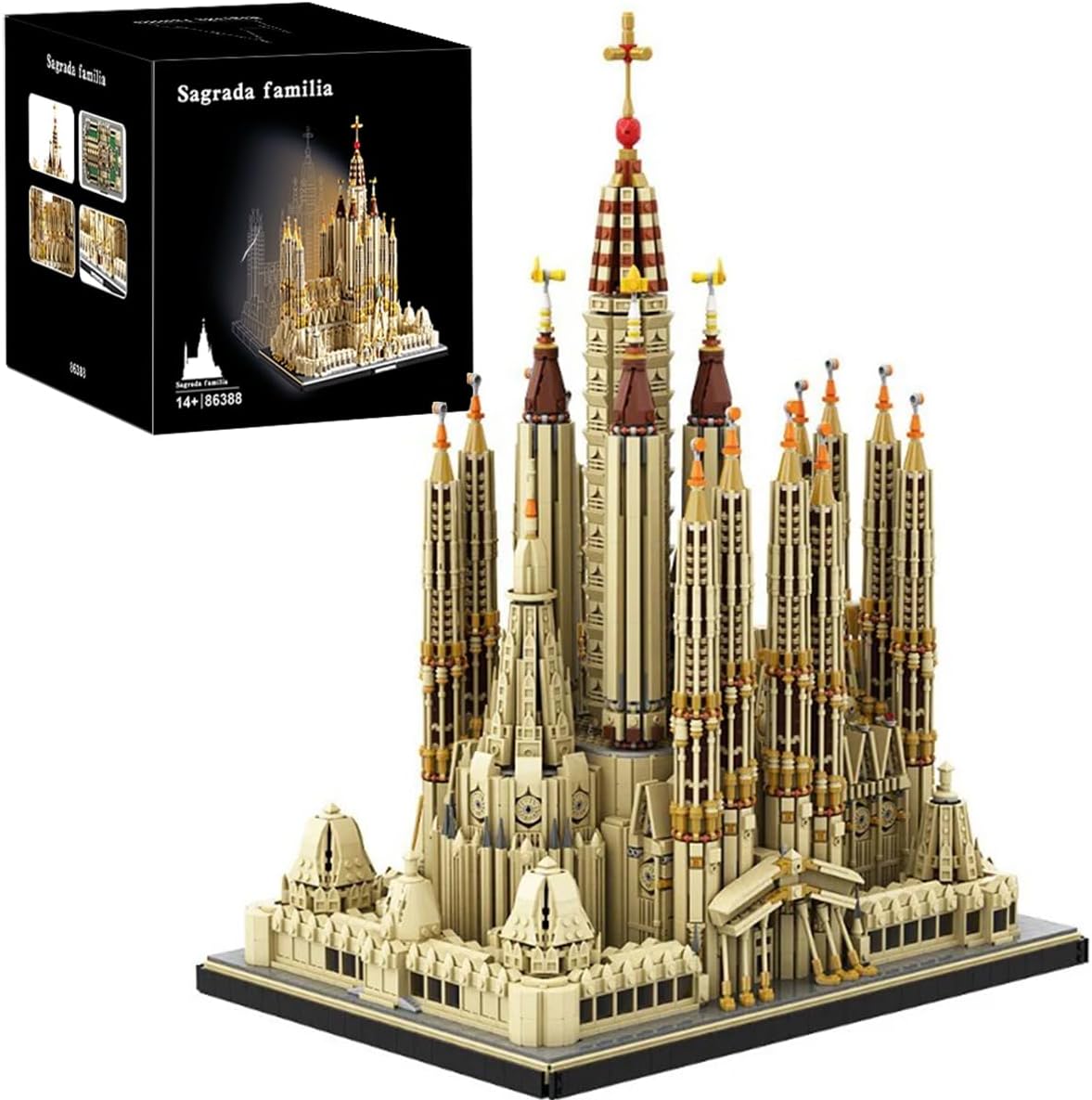 Large twin-spired Gothic cathedral brick model on a baseplate – view 2