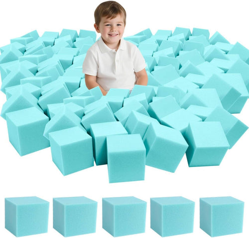 Pile of light blue 5-inch soft foam pit cubes