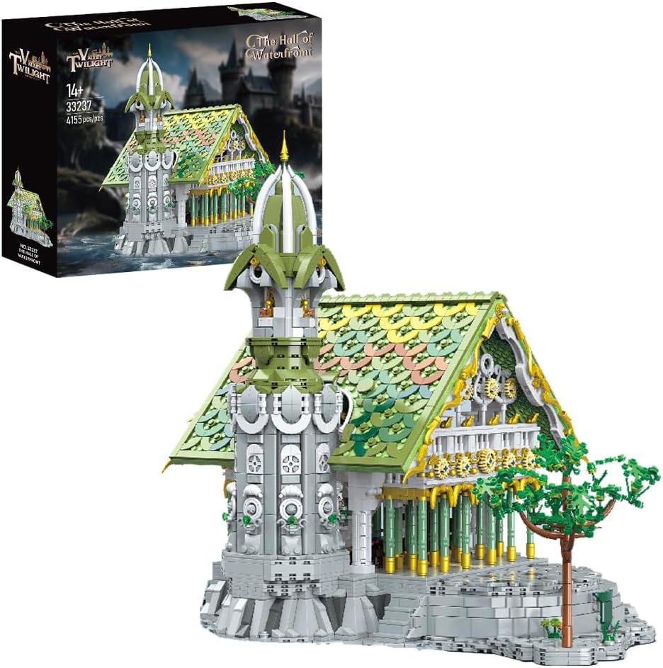 Large brick-built fantasy elven hall with arches, towers and trees