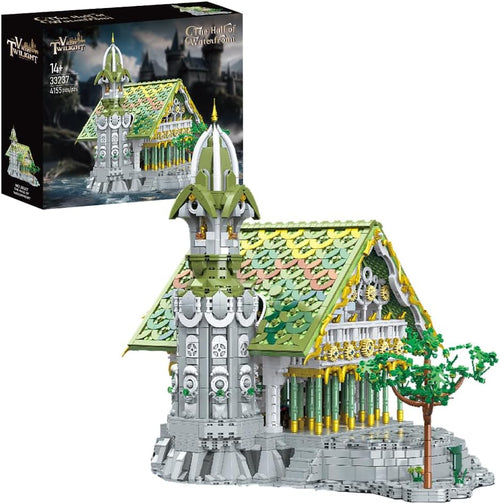 Large brick-built fantasy elven hall with arches, towers and trees
