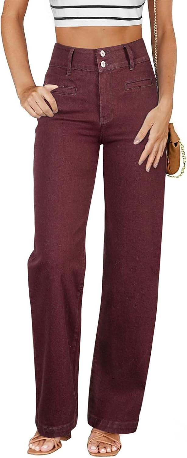 Women's High Waisted Straight Leg Jeans - Soft Stretch Denim with a Dual Button Closure and Pockets - 6