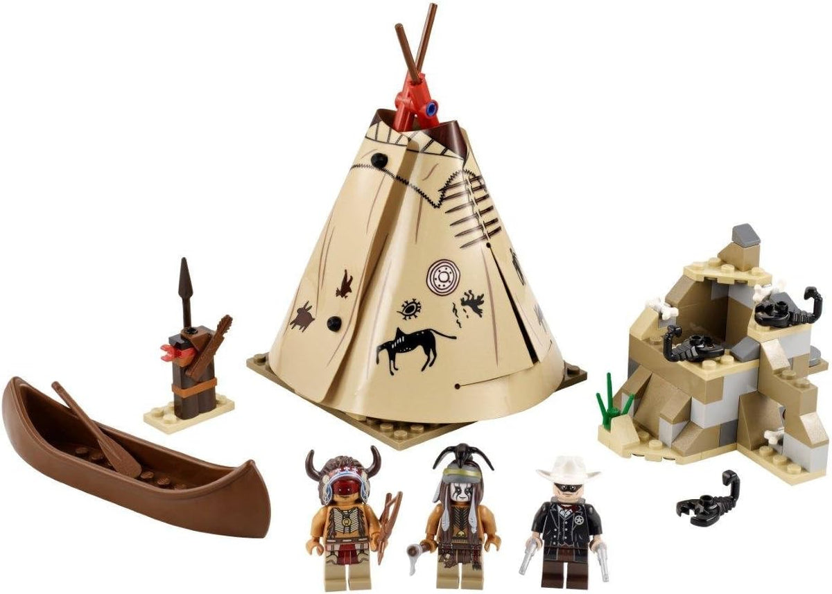 Brick-built teepee camp with canoe, campfire and rocky outcrop