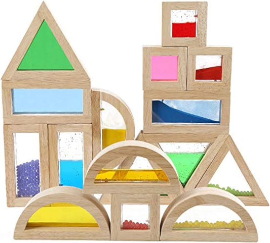 Sixteen wooden rainbow geometry blocks with colored acrylic panels stacked together