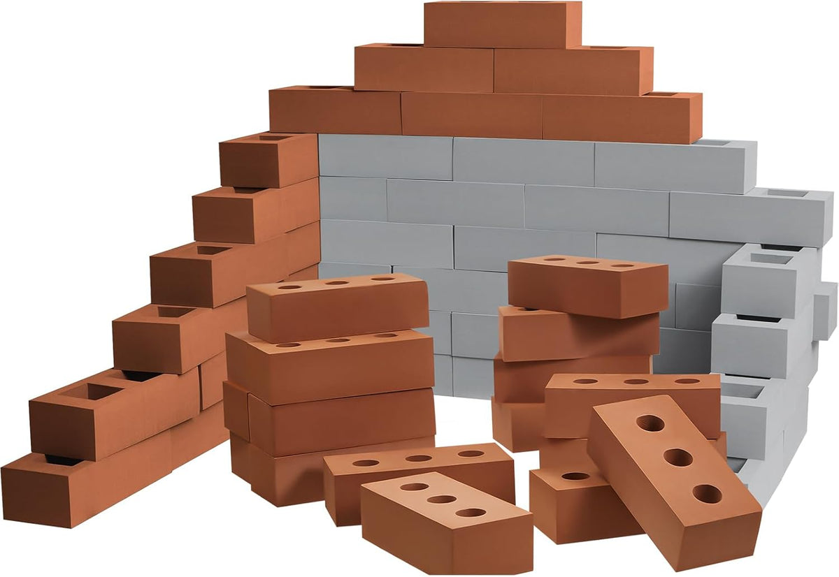 Red faux-brick foam building blocks with square and circle holes stacked into a wall