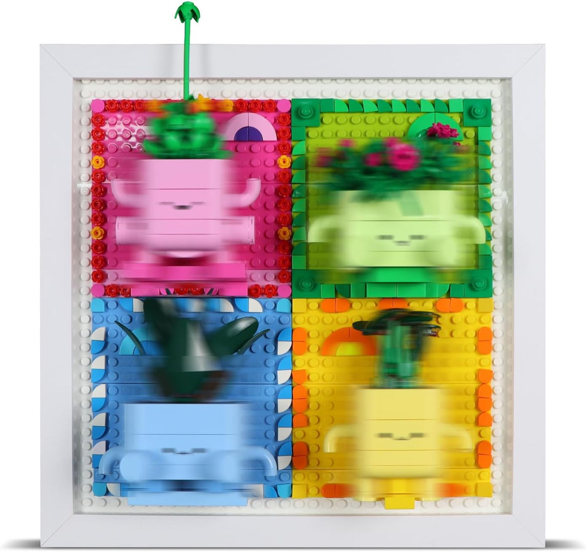 Brick backdrop display board holding small potted plant brick models