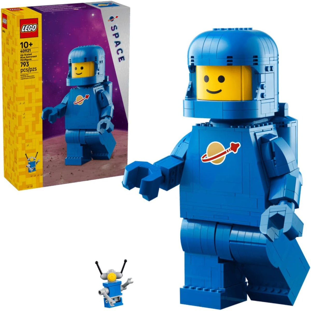 Large brick-built blue astronaut figure with open helmet showing a mini robot