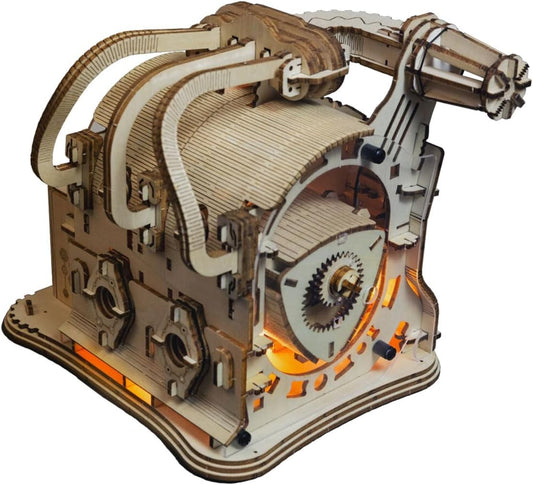 Assembled wooden rotary engine model with visible rotor, chamber and gears