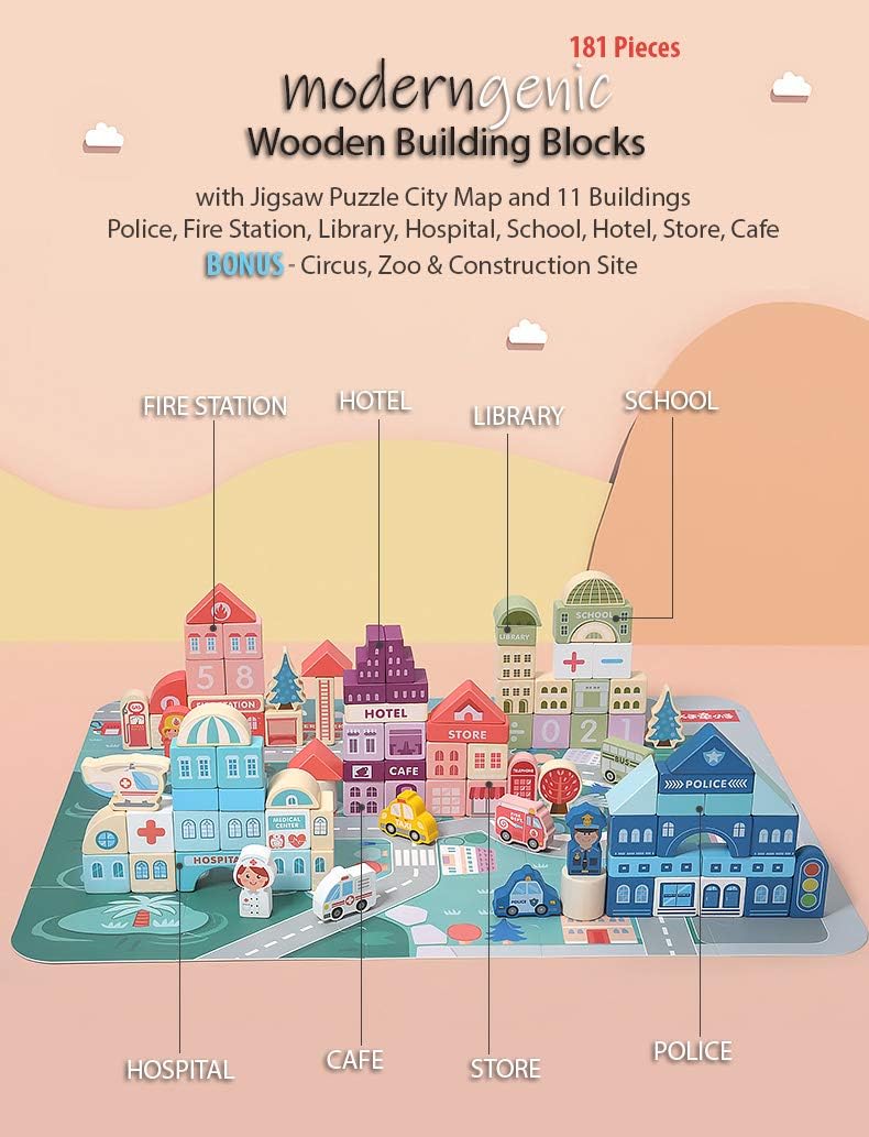 Wooden block town buildings arranged on a puzzle street map