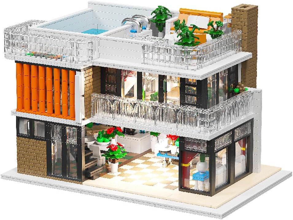 Brick-built three-story Florentine villa with glass walls and rooftop pool