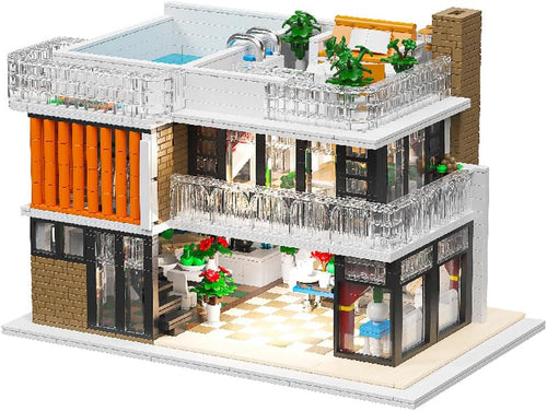 Brick-built three-story Florentine villa with glass walls and rooftop pool