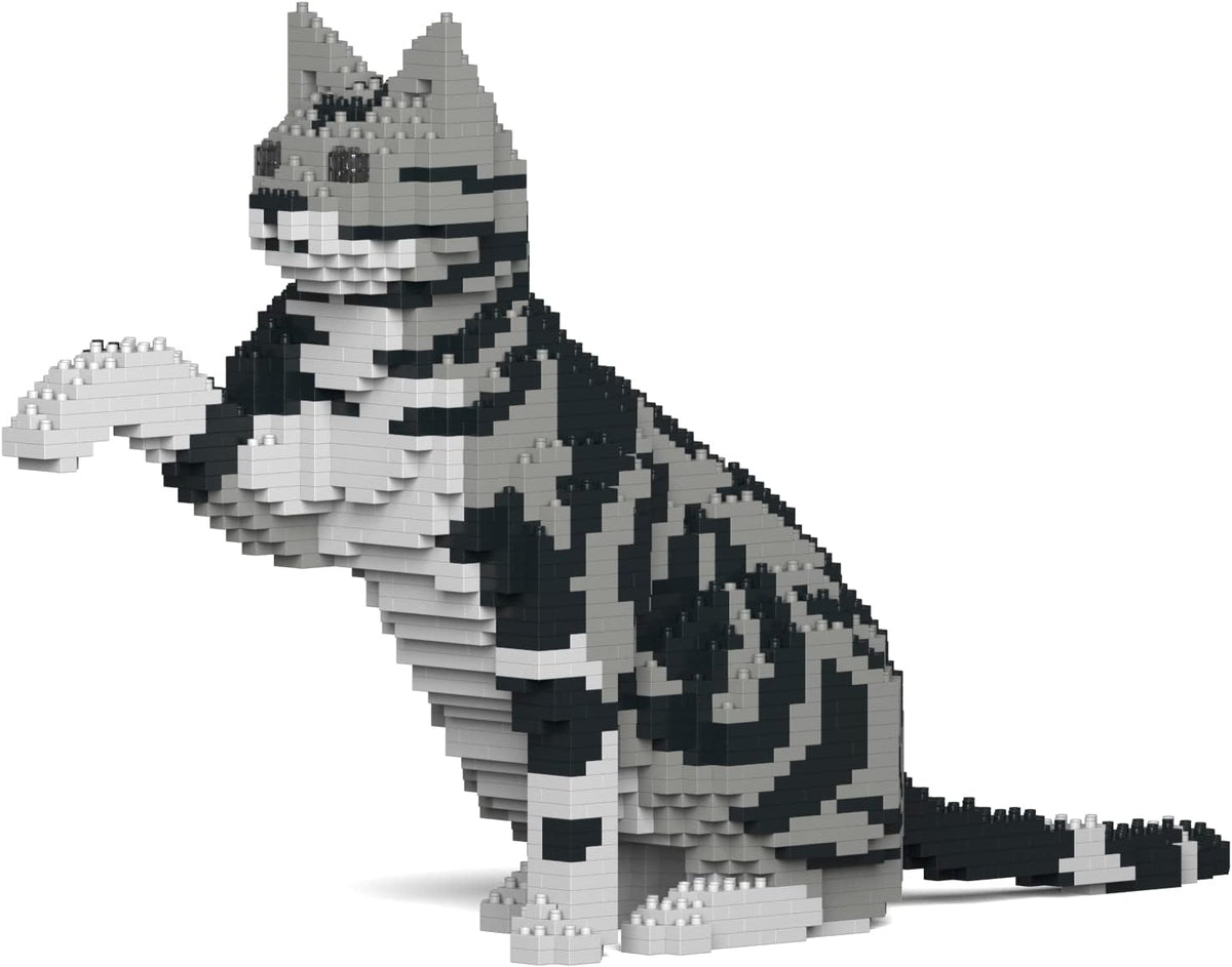 Silver tabby American Shorthair cat sculpture built from interlocking plastic bricks – view 2