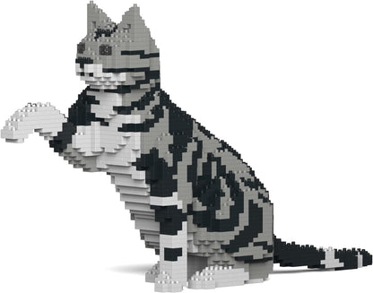 Silver tabby American Shorthair cat sculpture built from interlocking plastic bricks – view 2