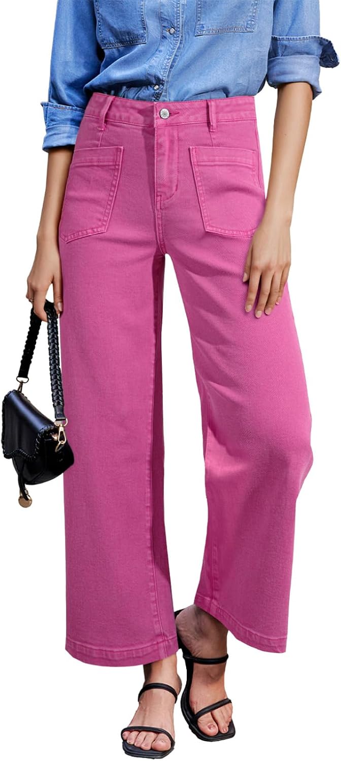 Women's Wide Leg Ankle Jeans - High Waisted Stretch Denim with Four Patch Pockets and Distressing - 4