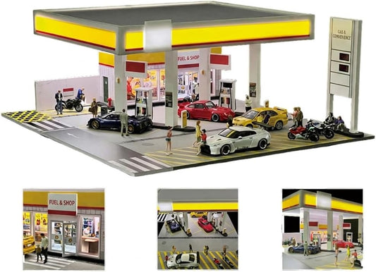 1:64 scale gas station diorama lit with LED lights