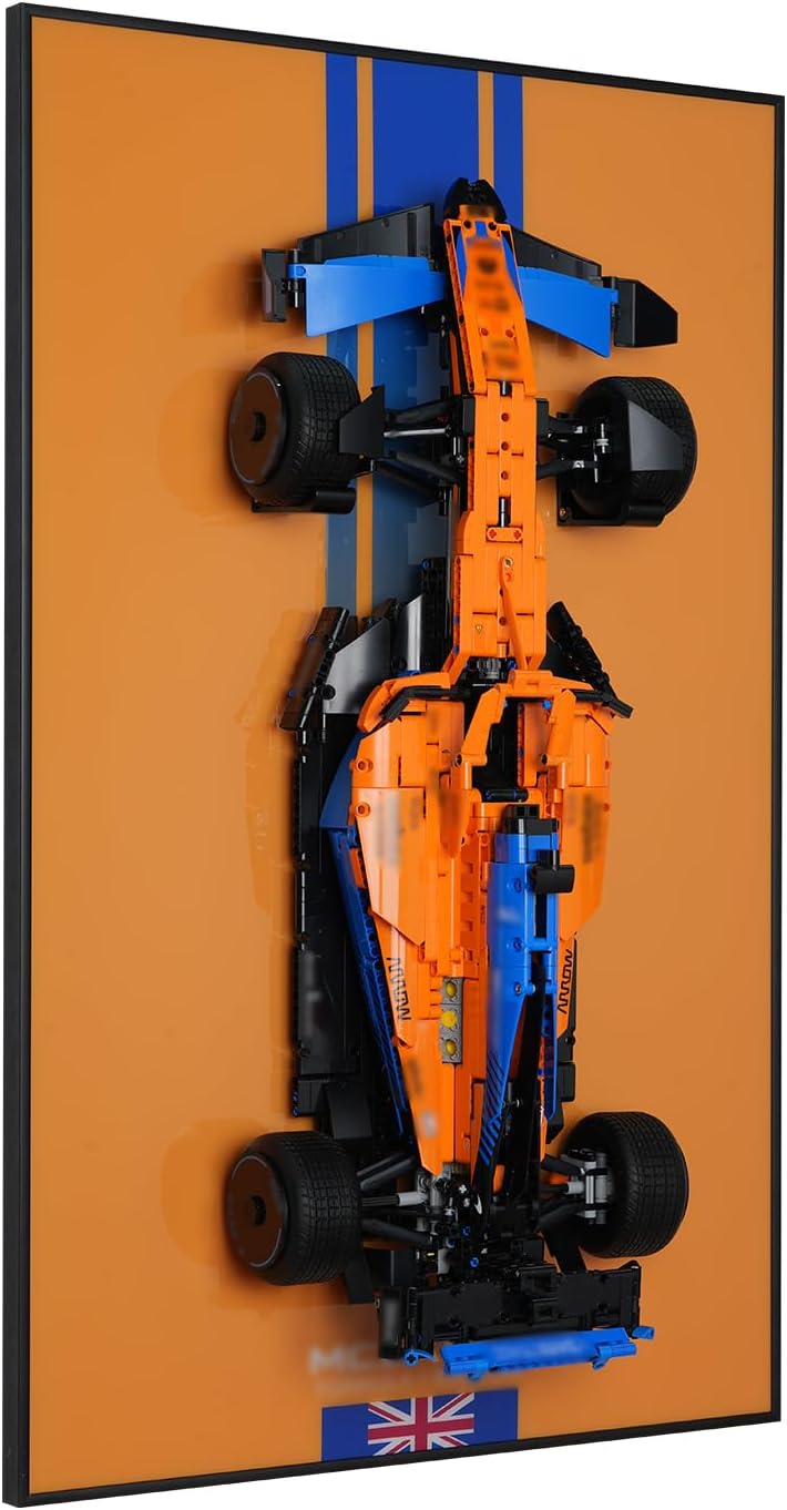 Large brick race car model mounted on a wall display board – view 6