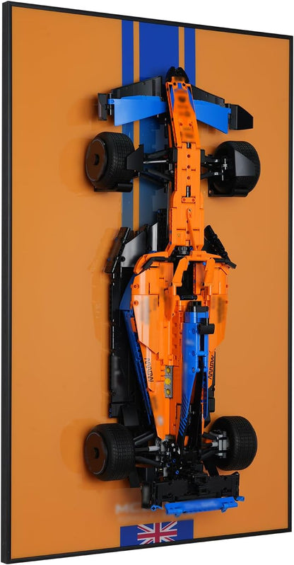 Large brick race car model mounted on a wall display board – view 6