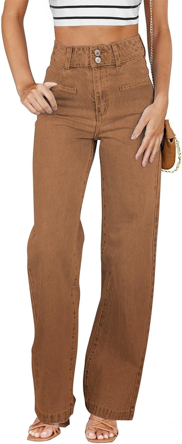 Women's High Waisted Straight Leg Jeans - Soft Stretch Denim with a Dual Button Closure and Pockets - 2