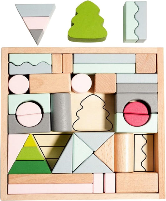 Pastel wooden geometric blocks stacked into a small arched building