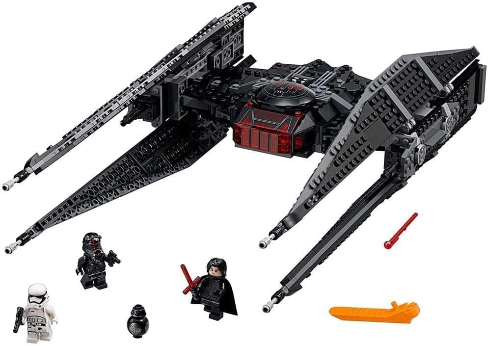 Black brick-built starfighter with large angled wings and red exhaust