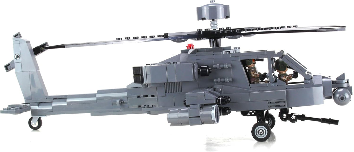 Brick-built army attack helicopter with rotors, rockets and two pilots