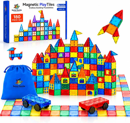 Colorful translucent magnetic tiles built into a tower and garage with two cars