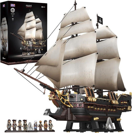 Large pirate sailing warship brick model with sails, cannons and minifigure crew