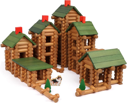 Wooden toy logs stacked into a small cabin with a green roof