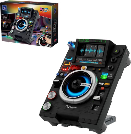 Brick-built black DJ turntable controller with glowing lights on a stand