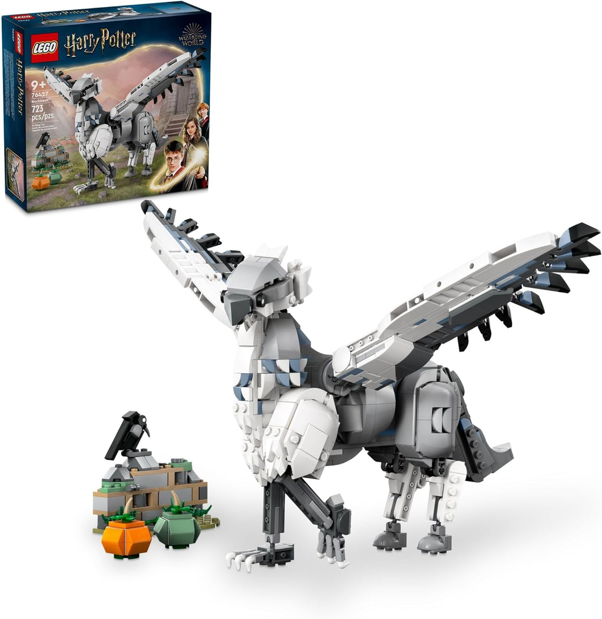Brick-built gray hippogriff with wings spread