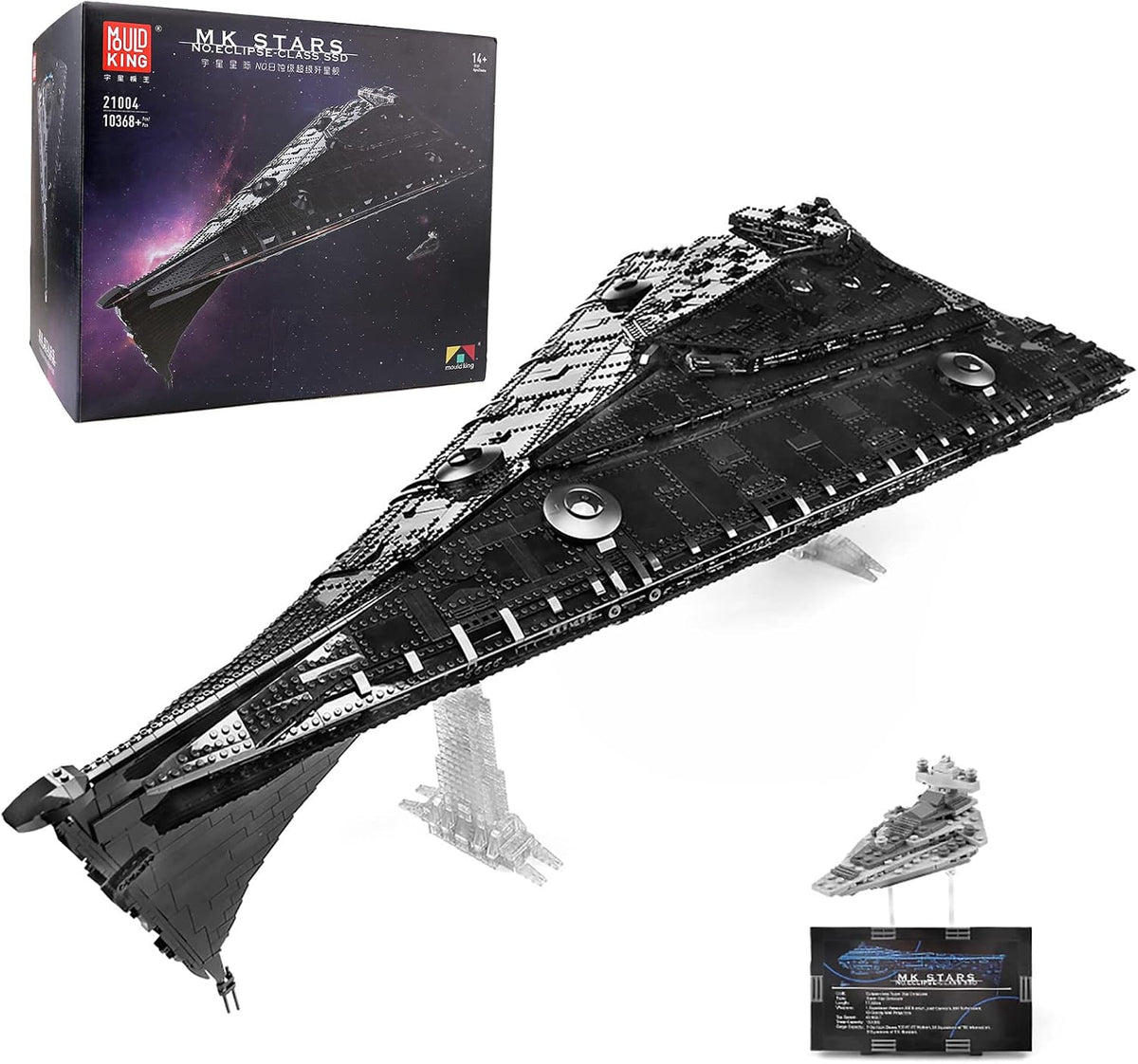 Grey wedge-shaped space attack cruiser brick model on an angled display pedestal – view 3