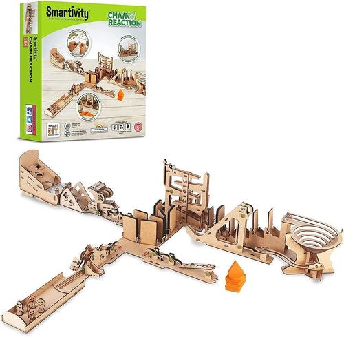 Assembled chain reaction construction kit machine on a table