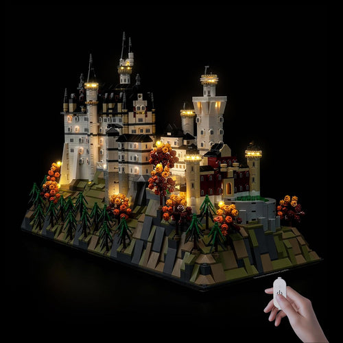 Neuschwanstein Castle brick model with towers and windows lit by LED lights