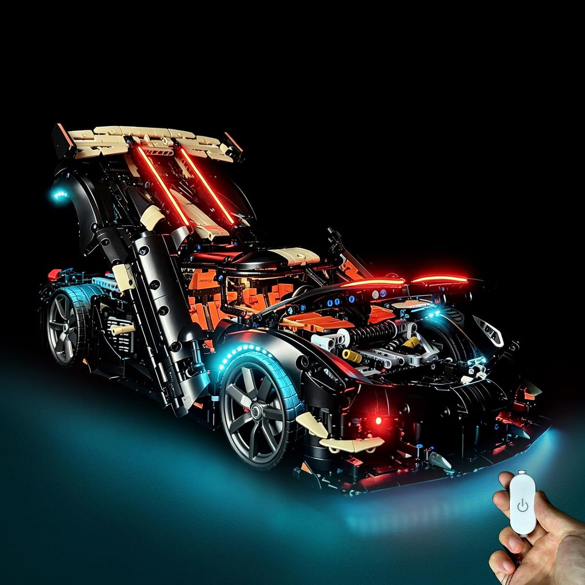 Large megacar brick model glowing with LED accent lights – view 3