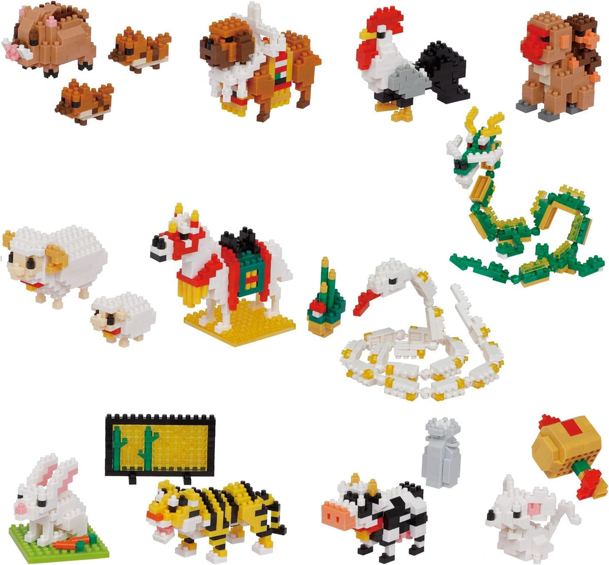 Twelve tiny micro brick Chinese zodiac animals lined up in a row