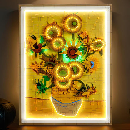 Brick-built sunflowers in a vase painting lit by soft LED lights on a wall – view 2