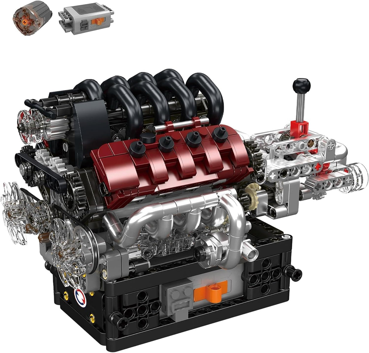 Built mini V8 engine model with chrome-look valve covers and visible pistons