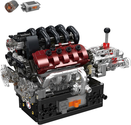 Built mini V8 engine model with chrome-look valve covers and visible pistons