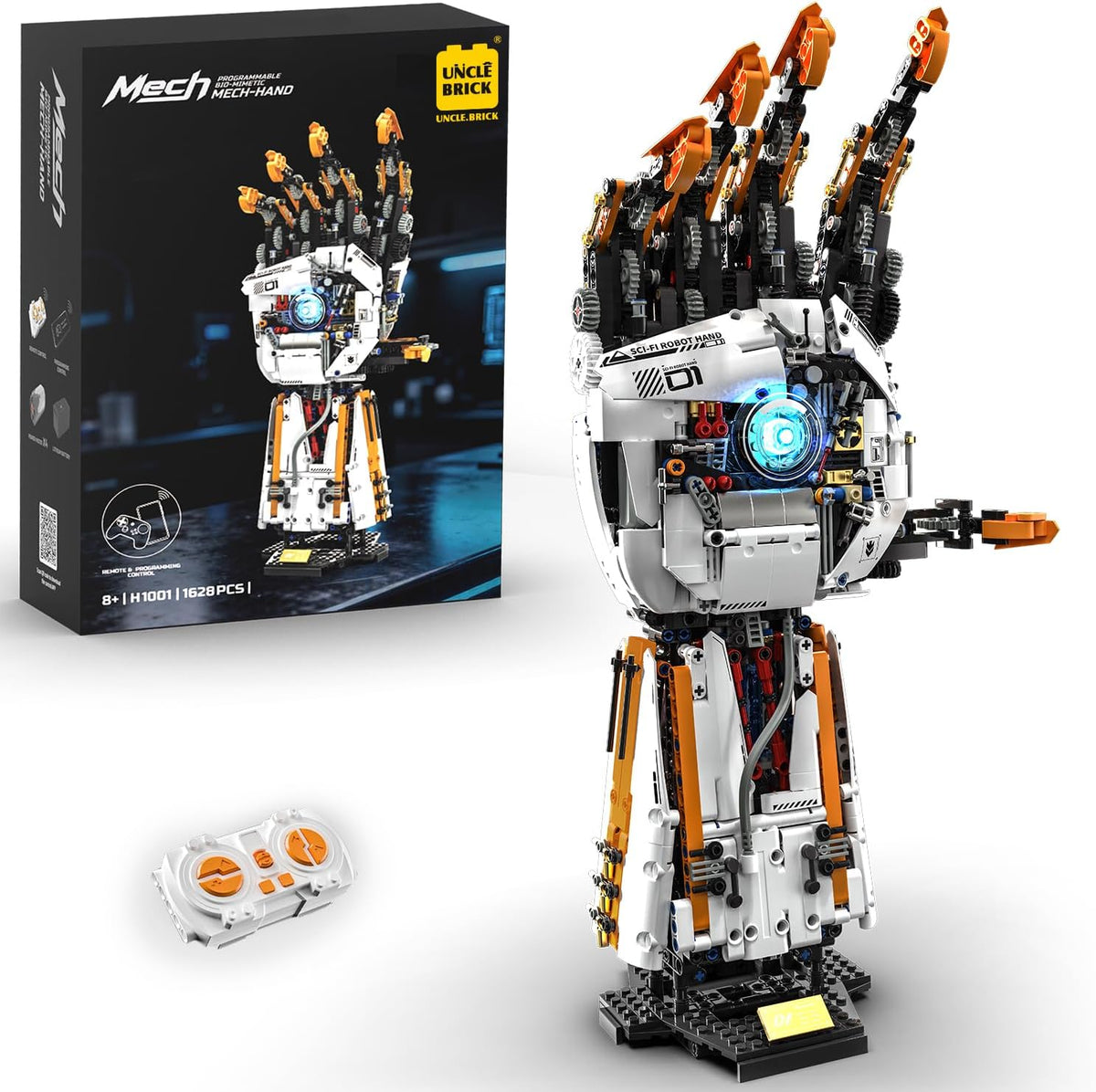 Brick-built motorized robotic hand with light-up palm and remote control