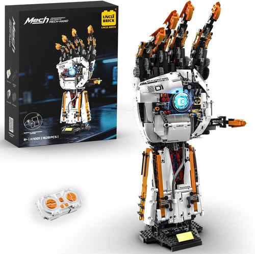 Brick-built motorized robotic hand with light-up palm and remote control