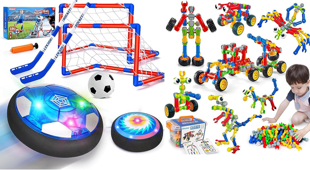 Hover soccer ball beside colorful building blocks built into a car and robot