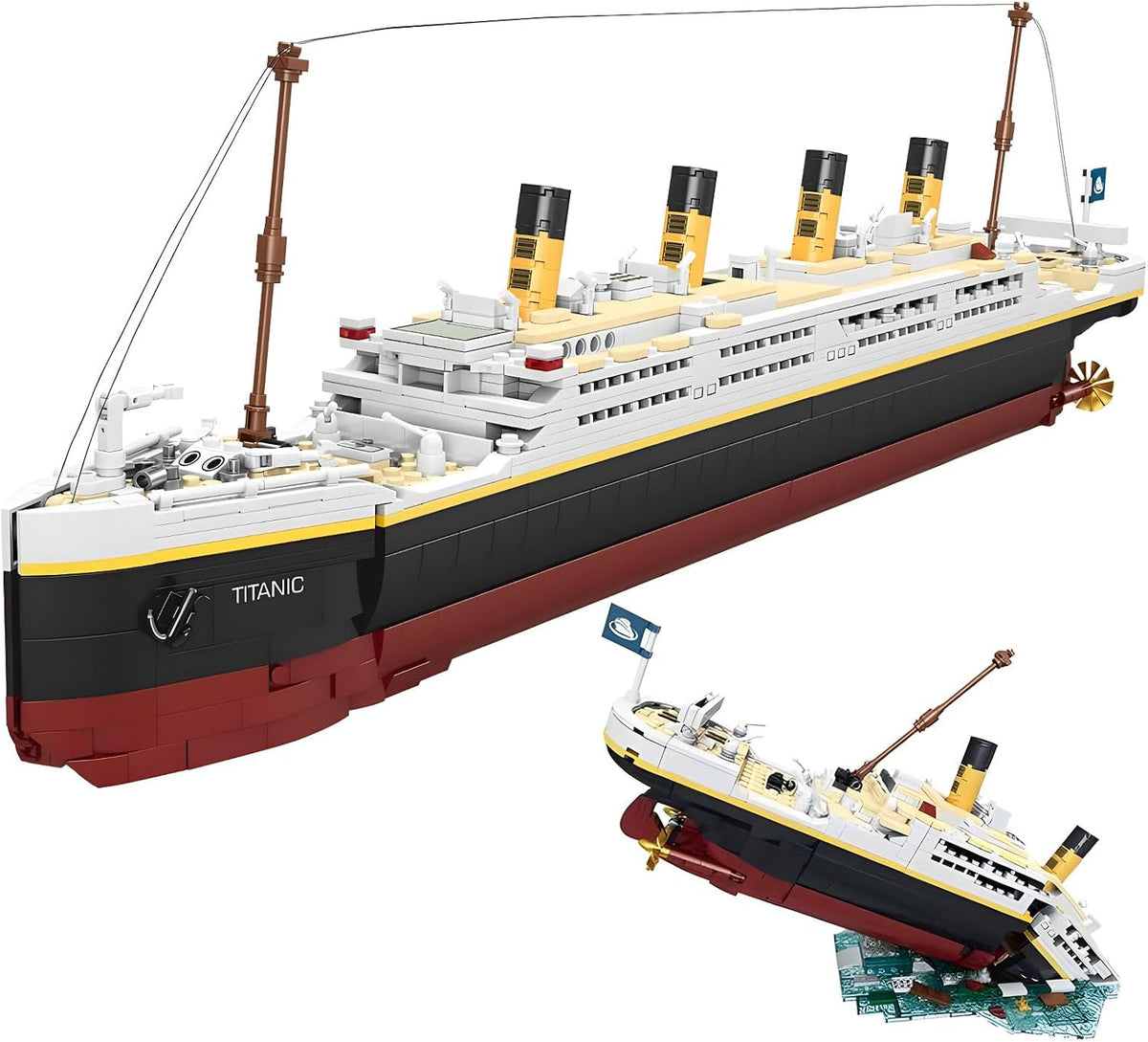 Brick-built Titanic ocean liner model with black hull and four funnels