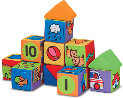 Colorful soft fabric cubes and triangles with numbers and animal halves