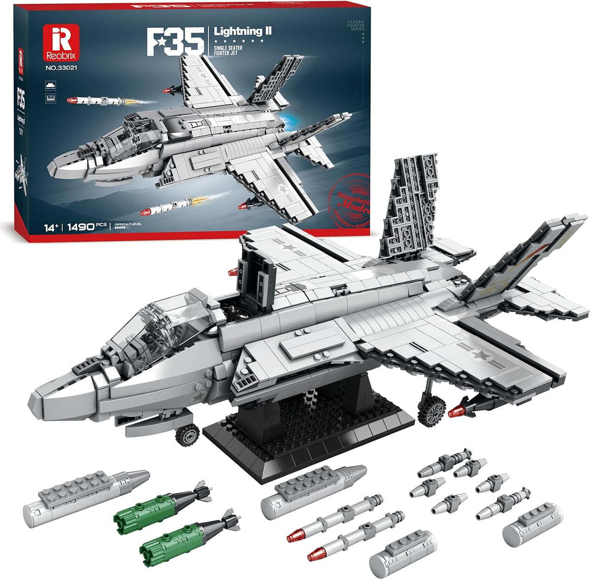 Large gray brick-built stealth fighter jet with angular wings and twin tails