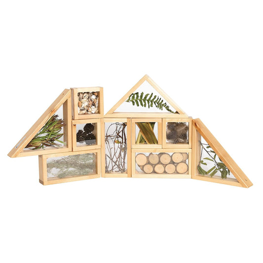 Ten wooden window blocks with clear refillable centers