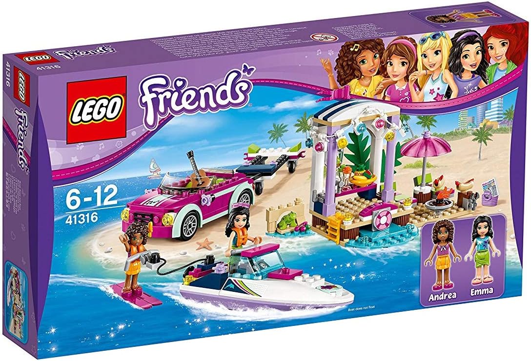 Brick-built beach car towing a speedboat next to a juice bar party scene